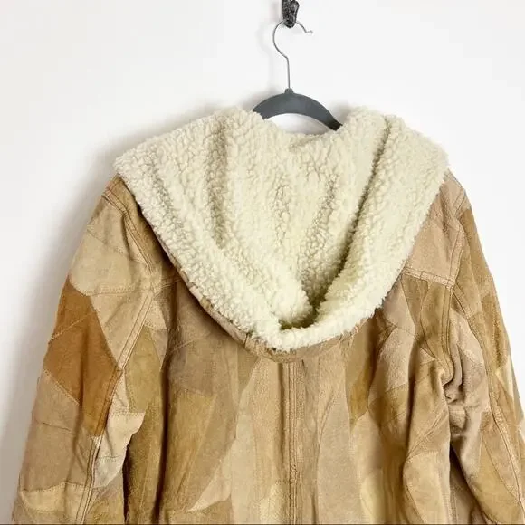 Retro Patchwork Leather Jacket Faux Sherpa Lined Medium - Picture 5 of 14